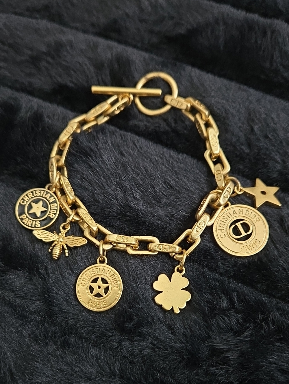 Dior Gold-Tone 6 Charm Toggle Bracelet w/ Coin, Bee & Clover Charms